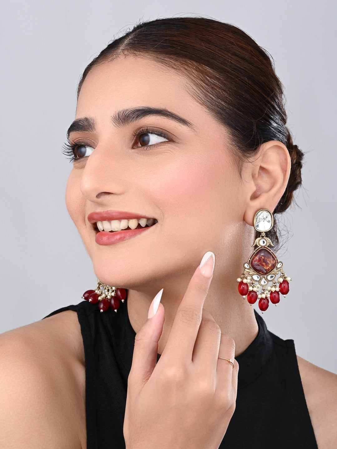 Gold plated two tone Pear shaped stone drop earring - Red