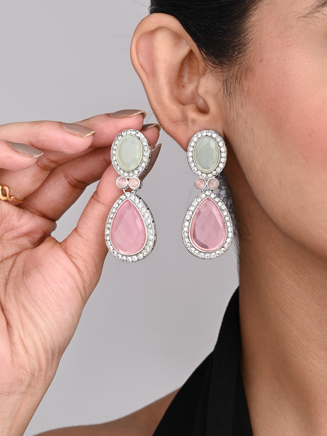 AD stone Tear drop earrings Sage green & Pink