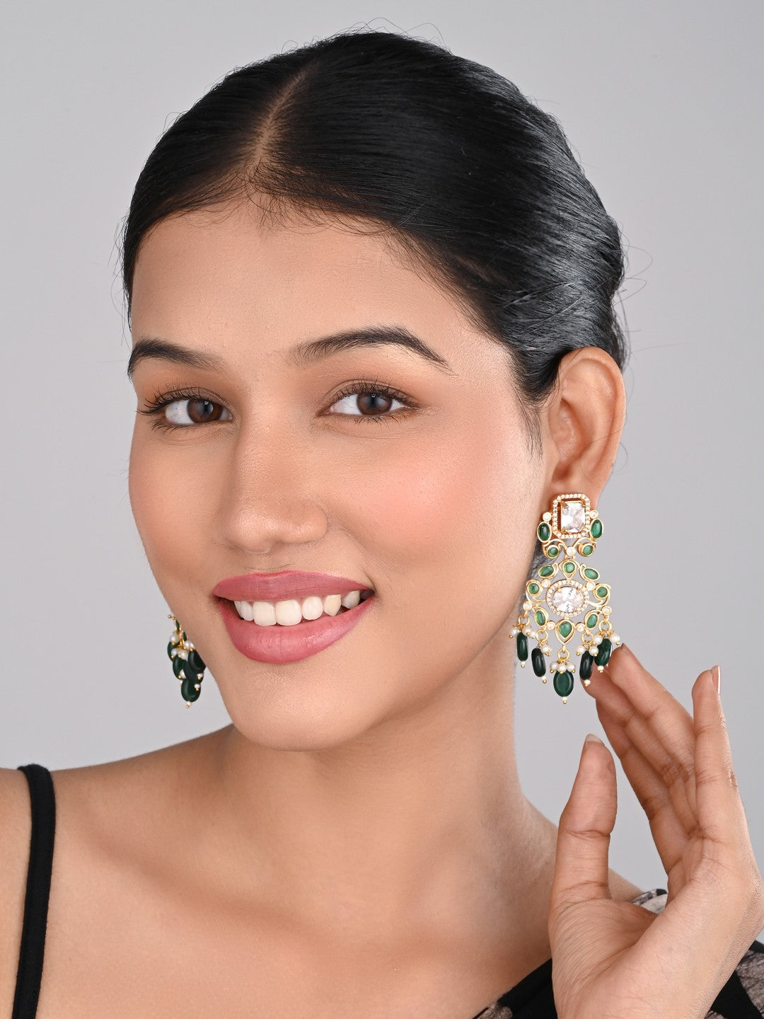 Gold plated Kundan & AD stone chandbali bali - Green