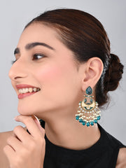 Gold-Plated Meenakari Chandbali Earrings with Kundan & Pearl Drops - Teal