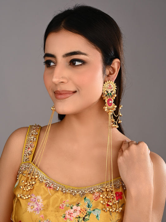 Gold plated, long Kashmiri earring with Ear chains