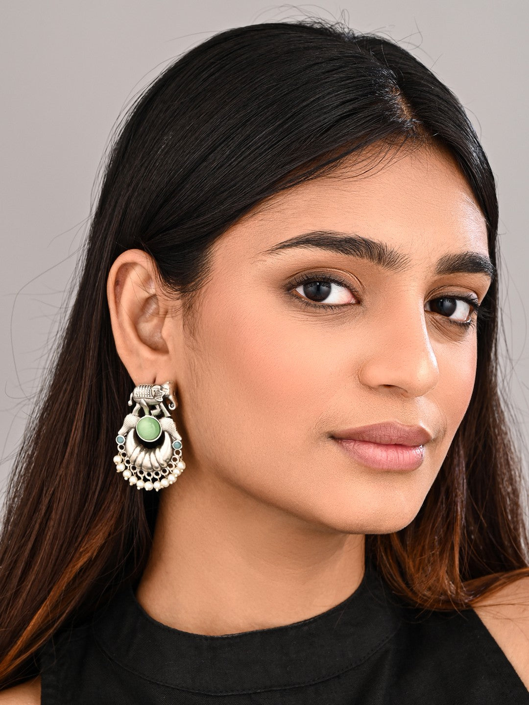 Oxidised Silver Elephant Motif Earrings with Mint Stone