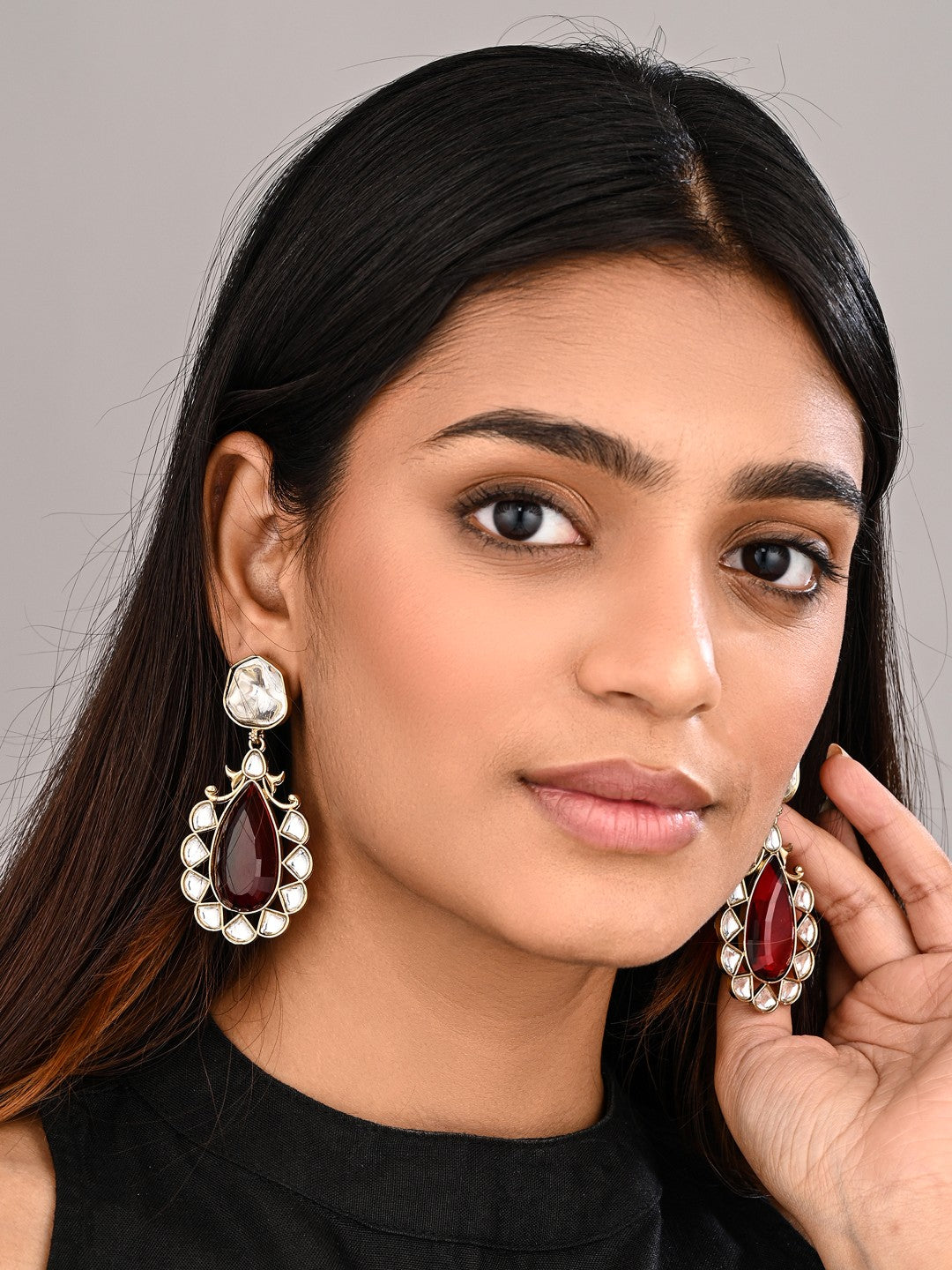 Gold-Plated Red Kundan Teardrop Earrings for Women