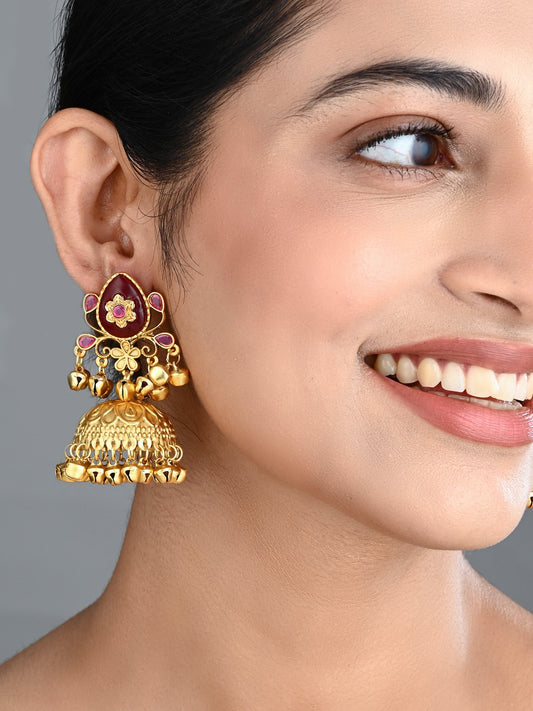 Ruby Temple Jhumka Earrings with Ghungroo Drops