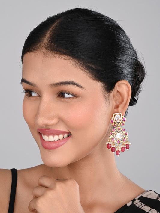 Gold plated Kundan & AD stone chandbali bali - Red