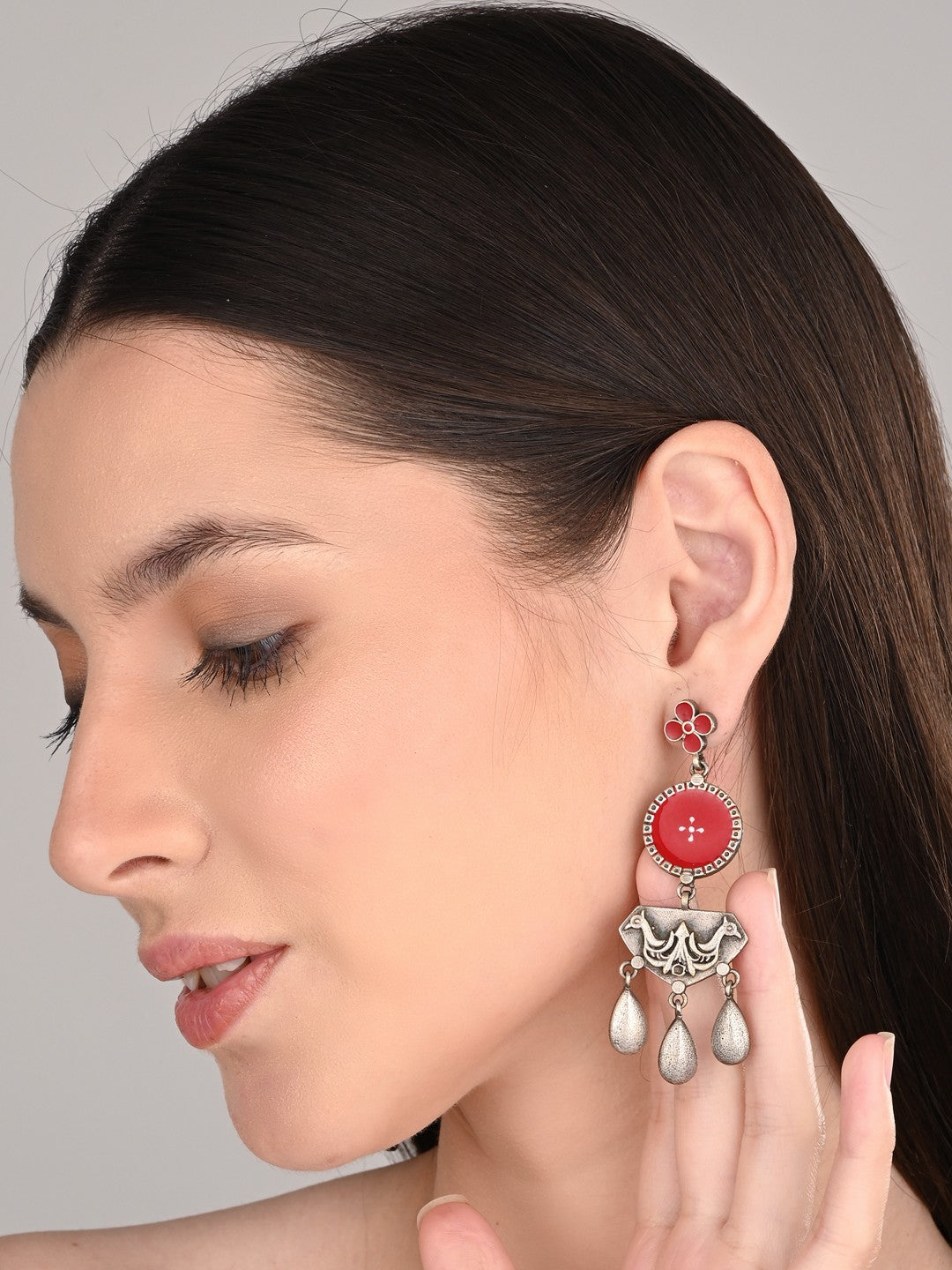 Silver Oxidised finish Red hand painted camel drop earring