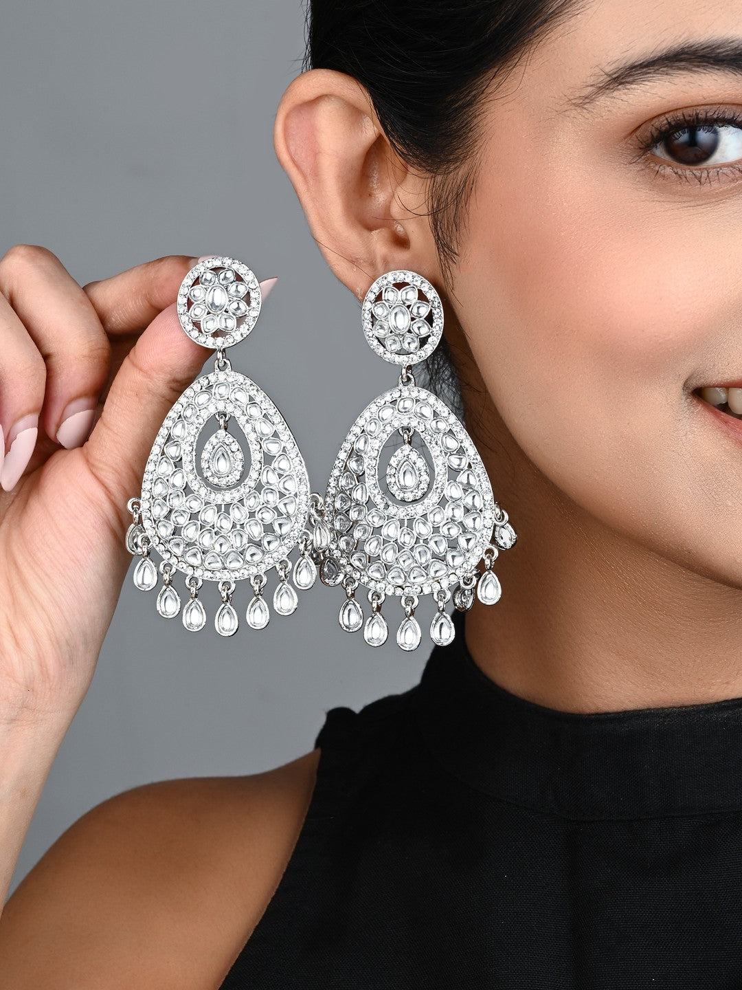 Silver plated kundan chandbali Earring