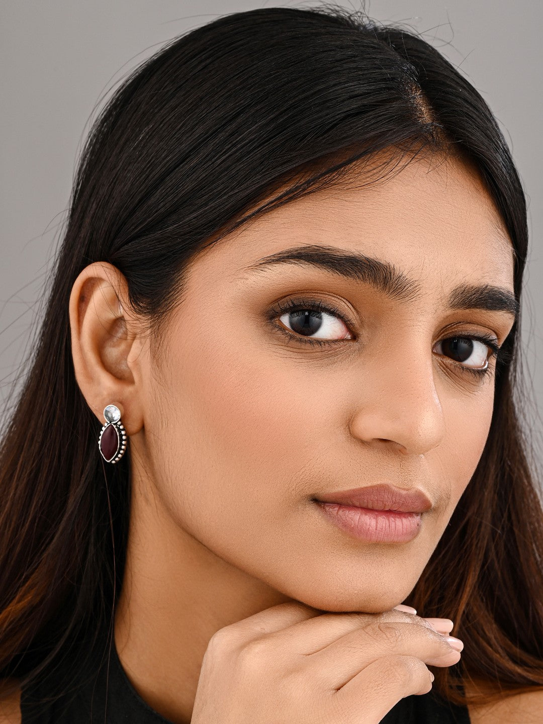 Silver-Tone Maroon Stone Statement Earring