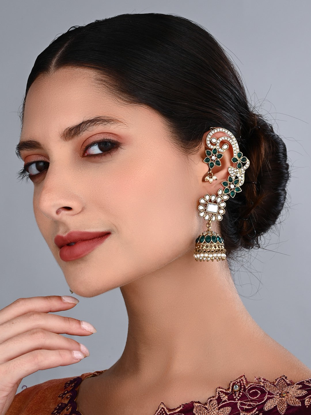 Riddhi Green Kundan Jhumka Earrings with Pearl Drops