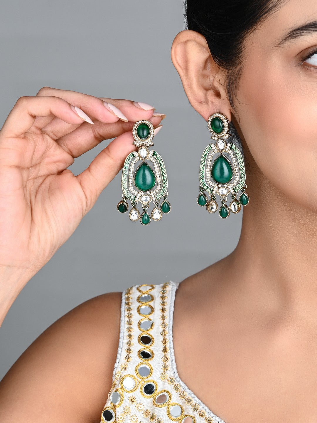 Elegant Crystal Teardrop Statement Earrings - Green