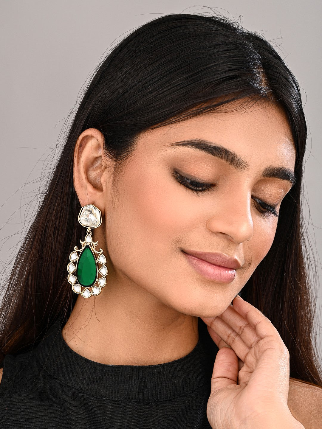 Gold-Plated Emerald Green Kundan Teardrop Earrings for Women