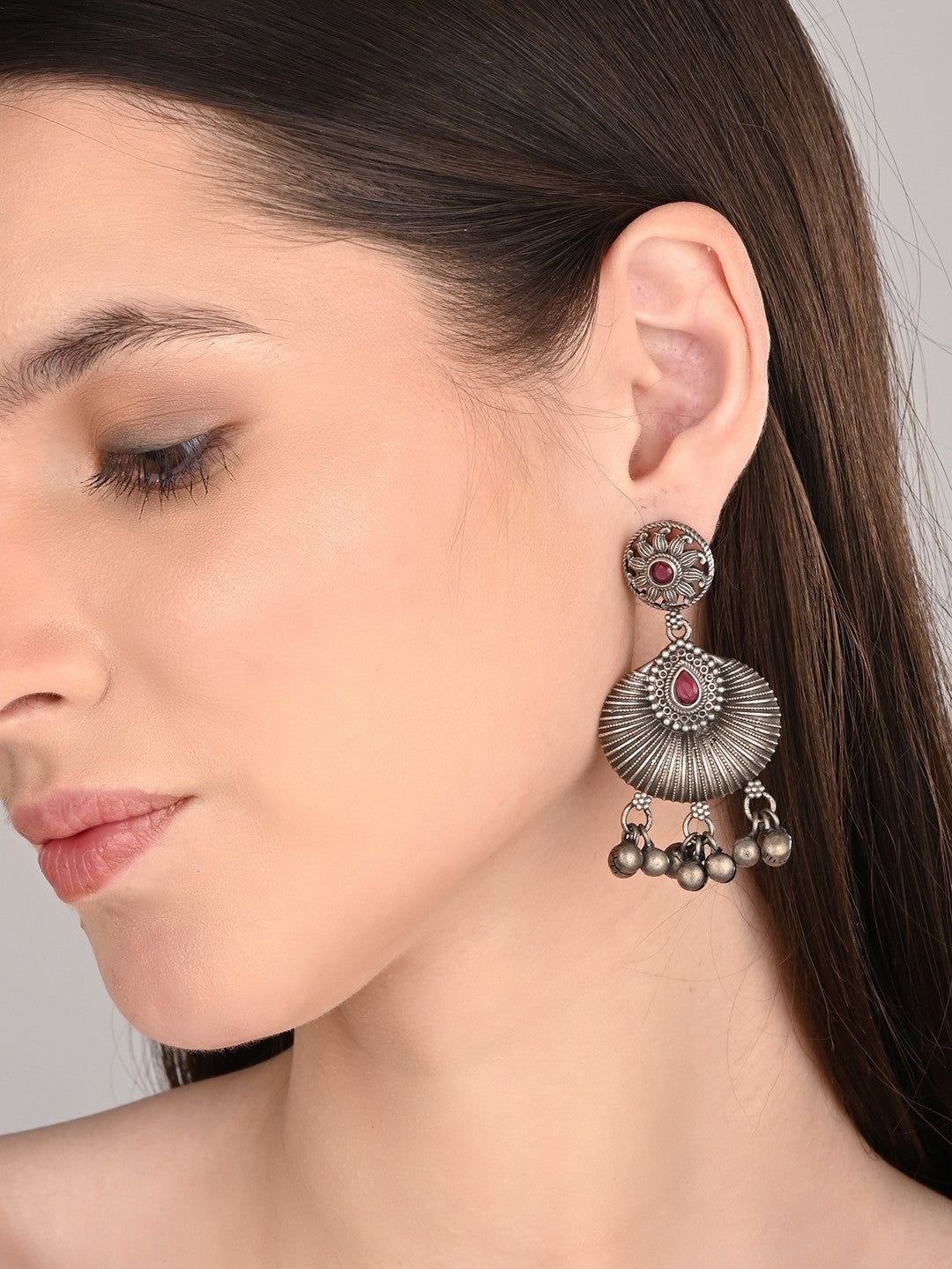 Silver oxidised finish chandbali Red