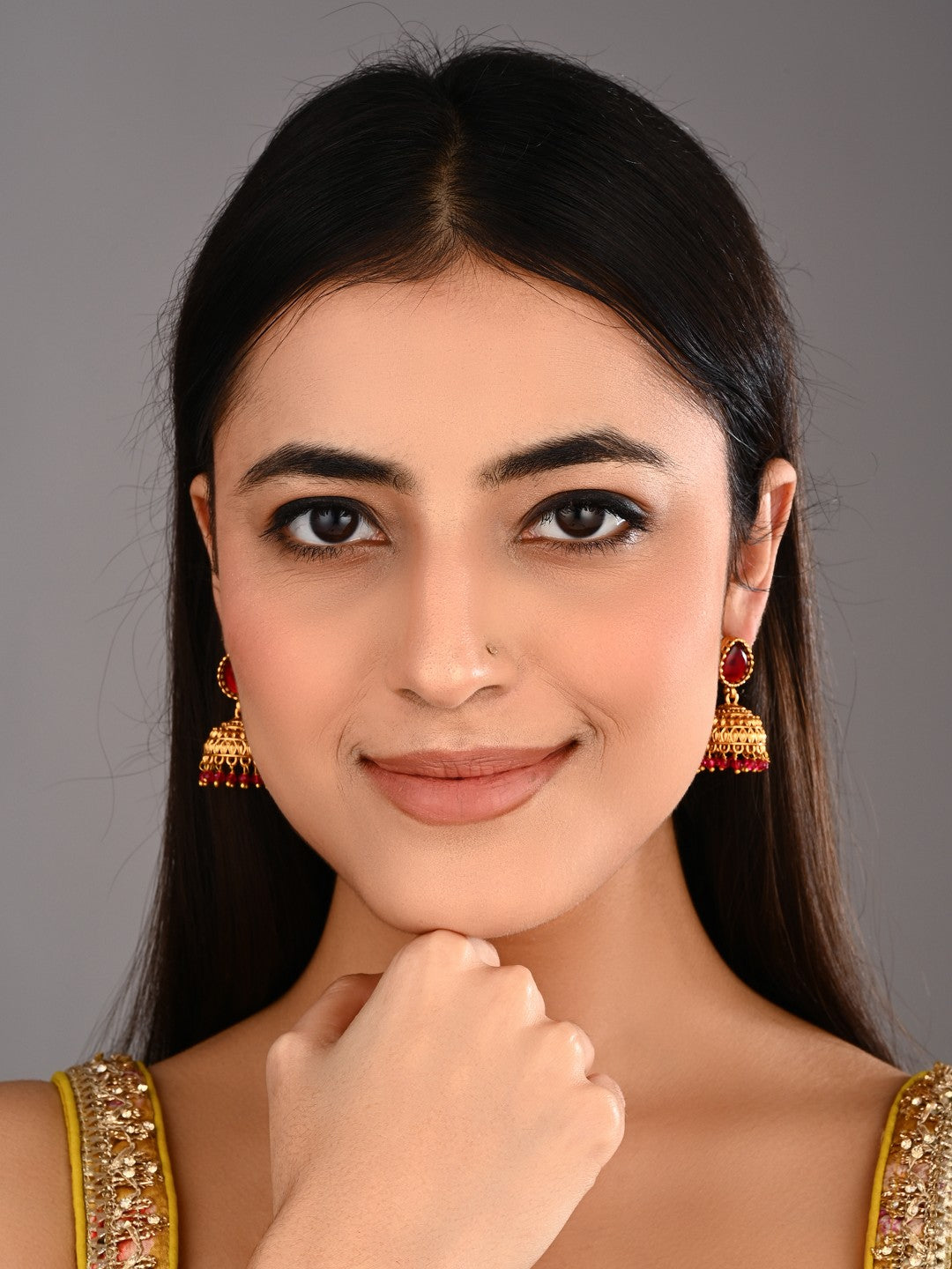 Teardrop Shaped Gold plated Jhumkas Earrings Red