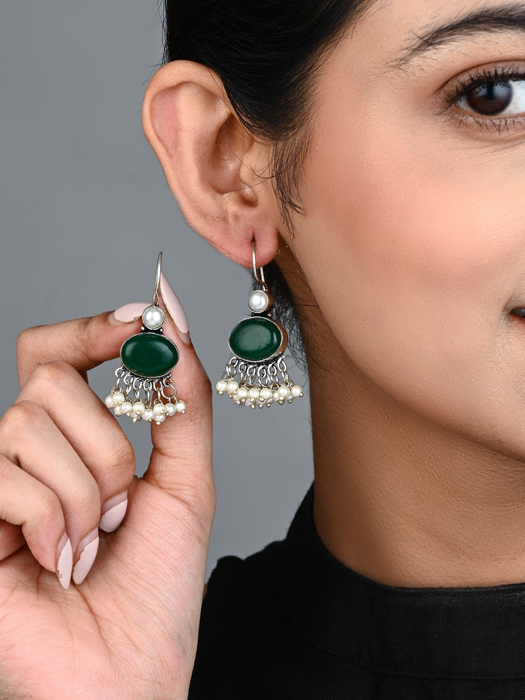 Green Stone Pearl Fringe Drop Earrings