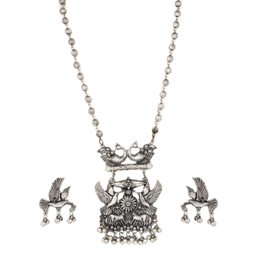 Silver Oxydised finish Bird necklace set