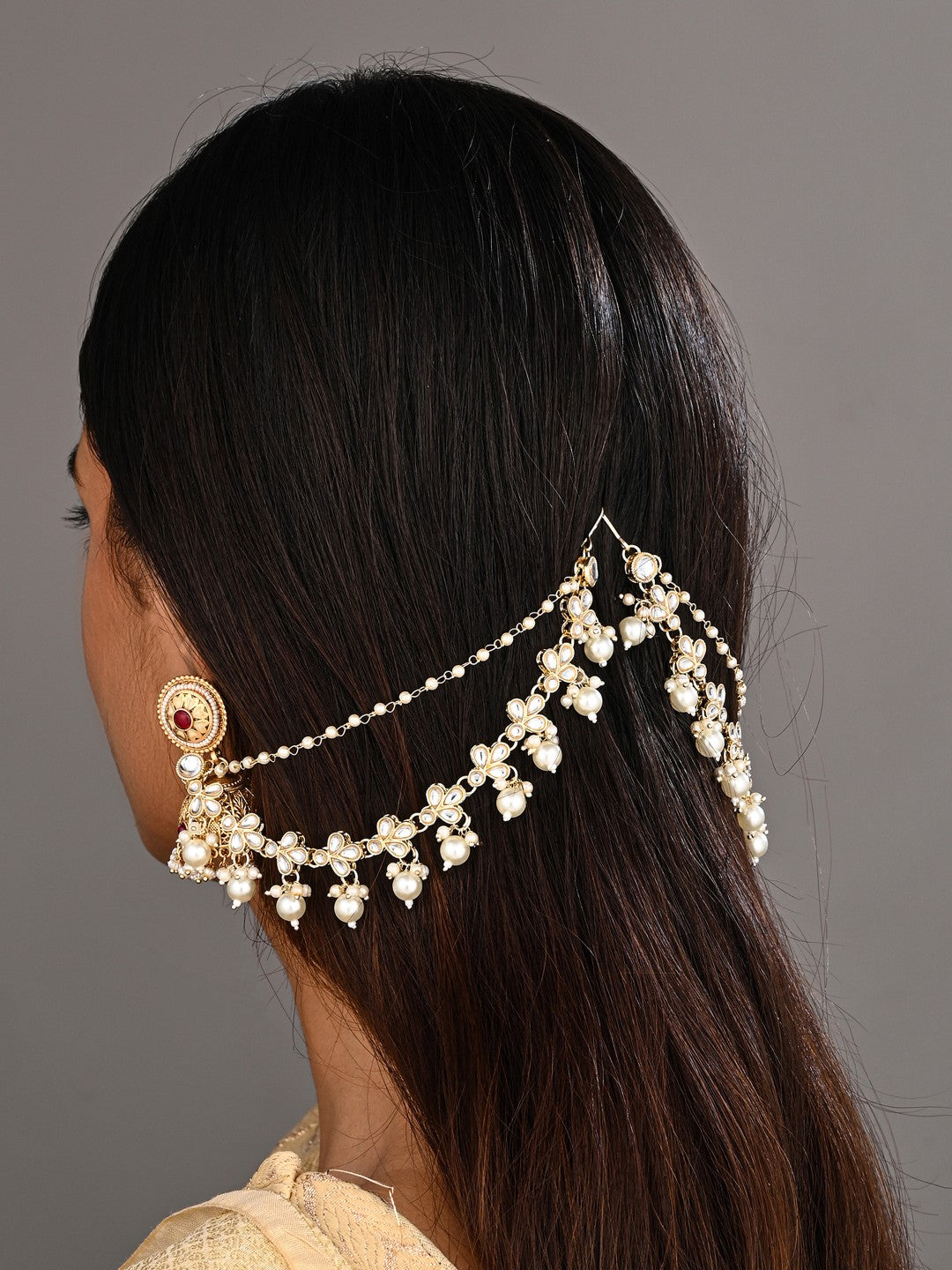 Elegant Gold-Plated Kundan Pearl Delicate Ear Chains