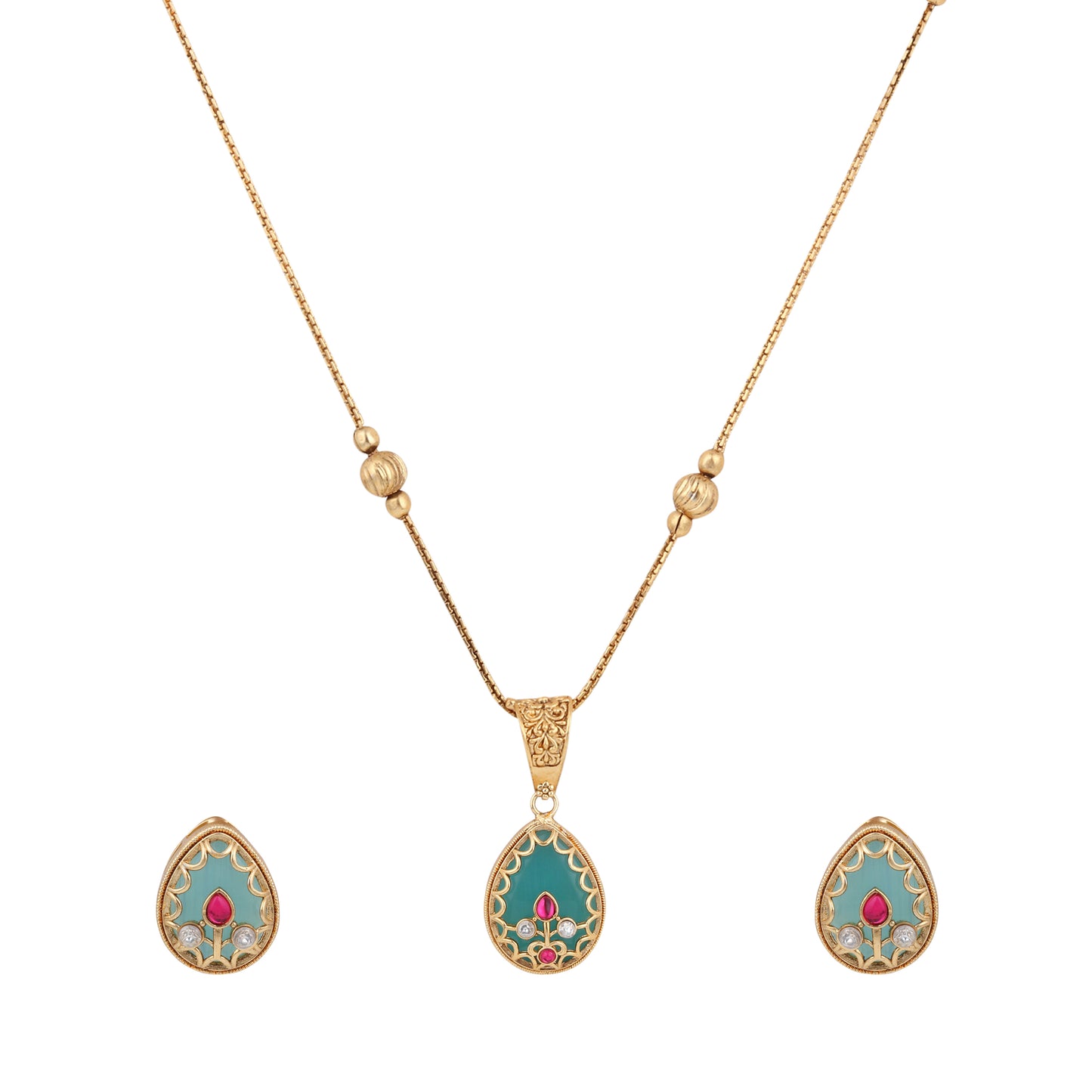 Tear drop Stone Kundan Pendant Necklace & Stud Earrings Set Green