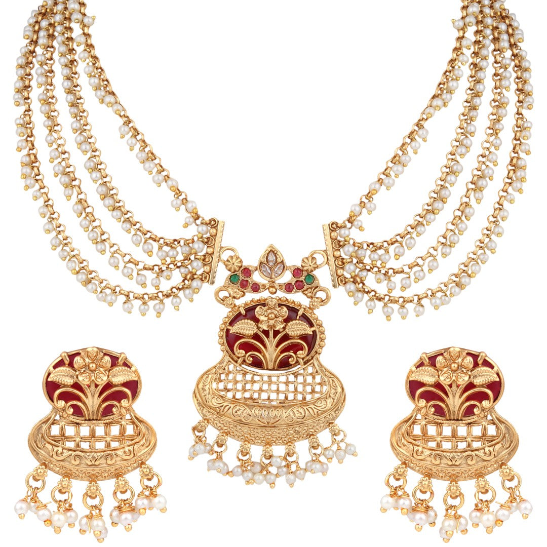 Antique Gold Layered Kundan Necklace Set with drop Earrings Red