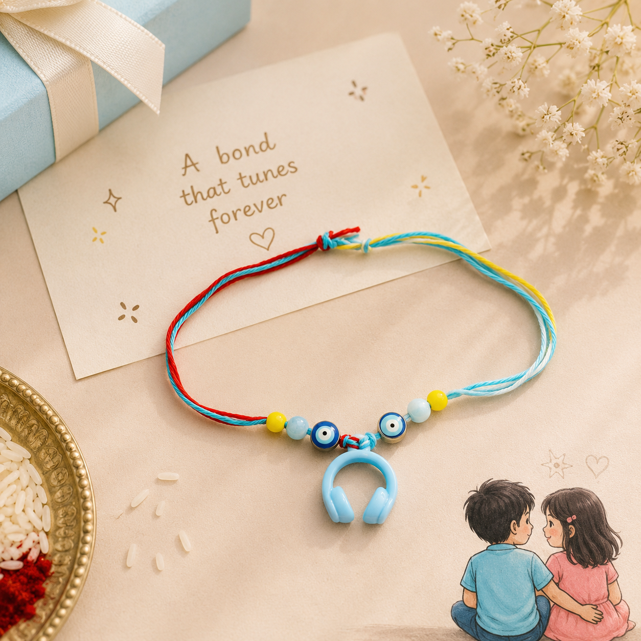 Set of 2 Kids Rakhi Combo – Headphone Evil Eye Rakhi & Cute Toy Train Rakhi
