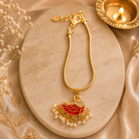 Red Swan Charm Lumba Bracelet with Pearl Tassels