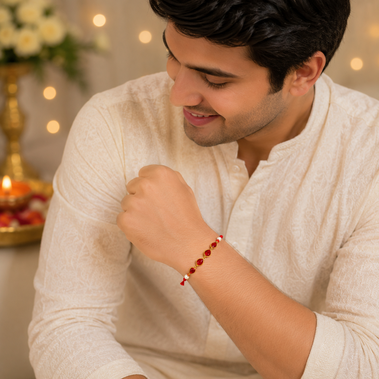 Ruby Red Bhaiya Bhabhi Rakhi Set – Elegant Kundan & Pearl Lumba Rakhi Combo