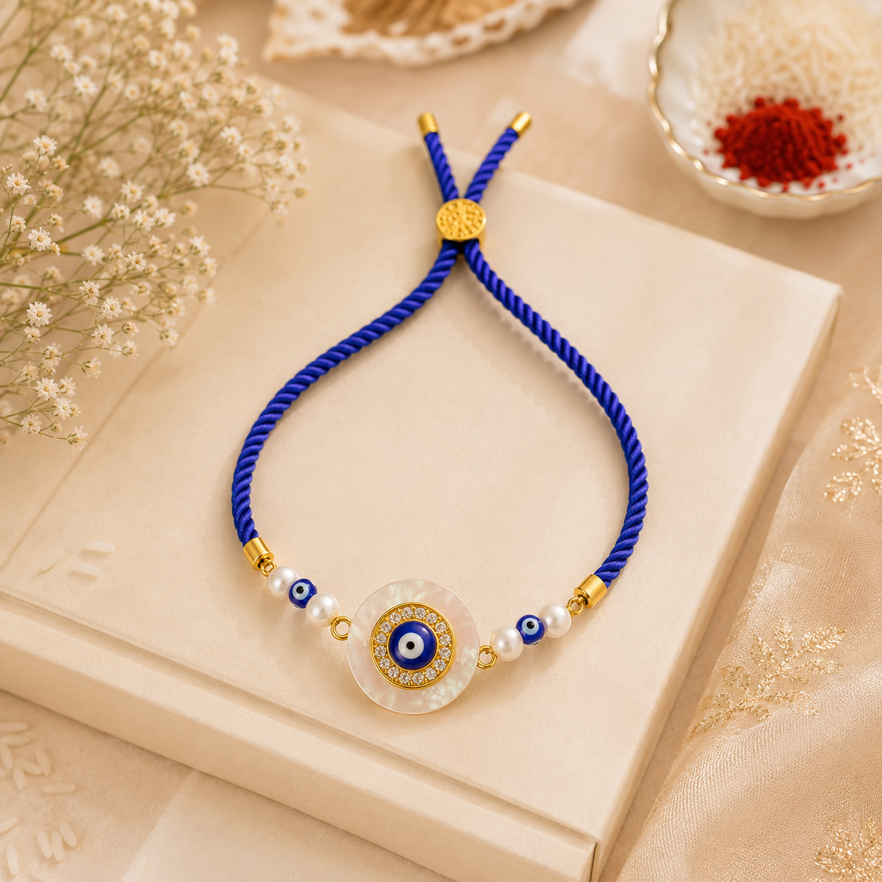 Mother of Pearl Evil Eye Lumba Rakhi with Blue Thread