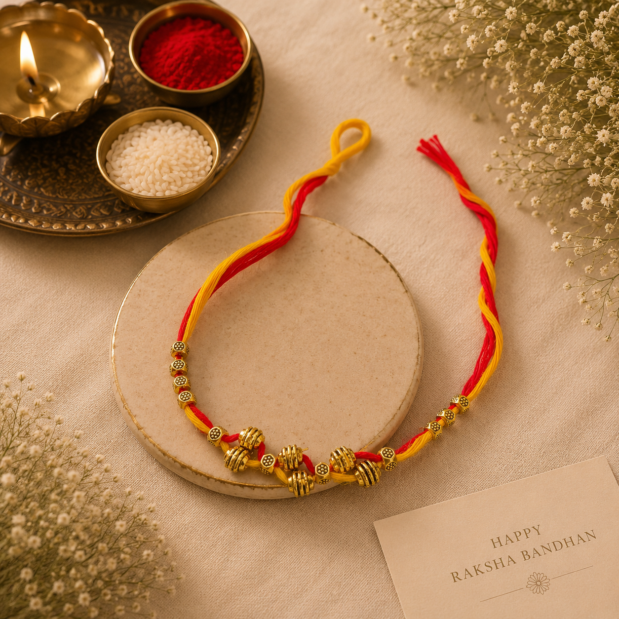 Sacred Trio Rakhi Set – Floral Bead, Om Charm & Traditional Thread Rakhi Collection(Set of 3)