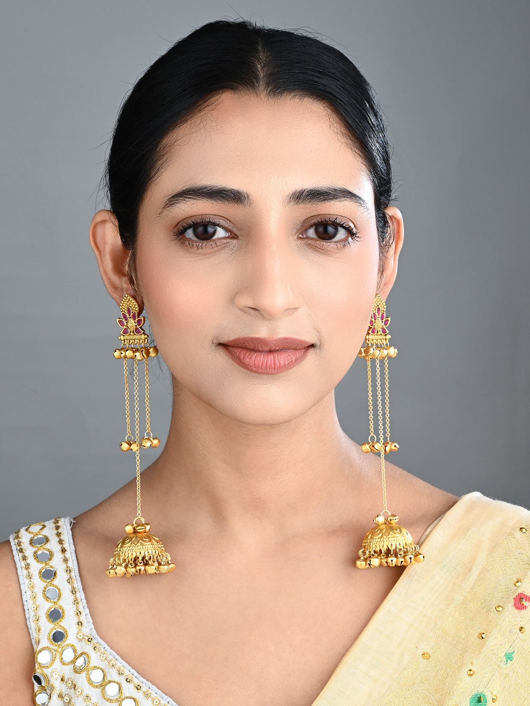 Floral Jhumka Earrings with Ghungroo Chain Tassels
