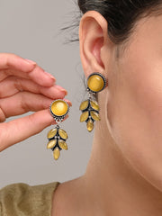 Silver Oxydised finish Yellow stone work drop earring