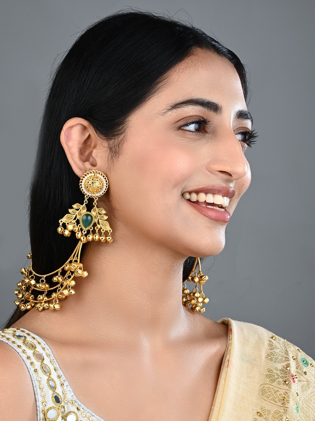 Gold plated Studs Earring with Ear chains Green