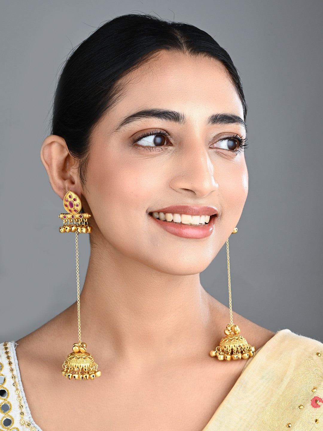 Ruby Temple Jhumka Earrings with Long Chain Tassels