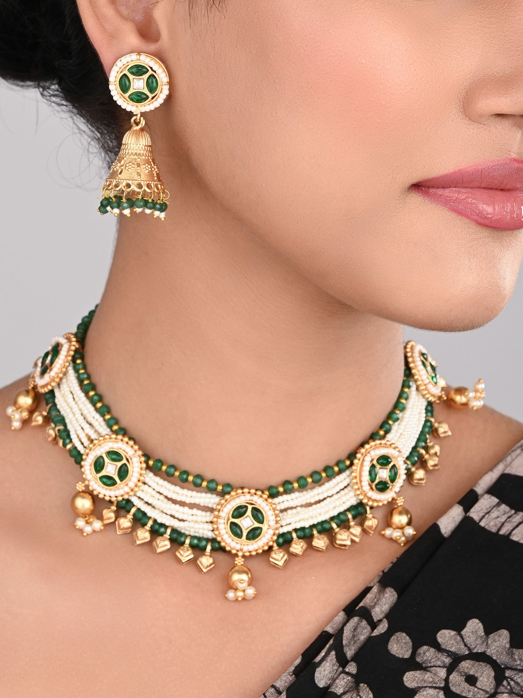 Gold plated, Brass Necklace & Earring Set - Green