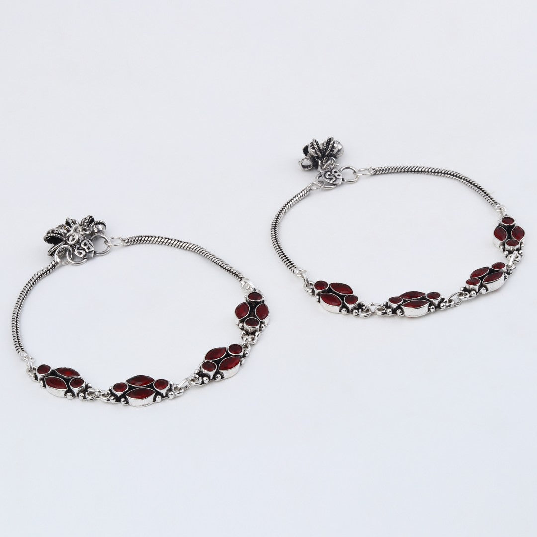 Silver Oxidised Red Floral Brass Anklet