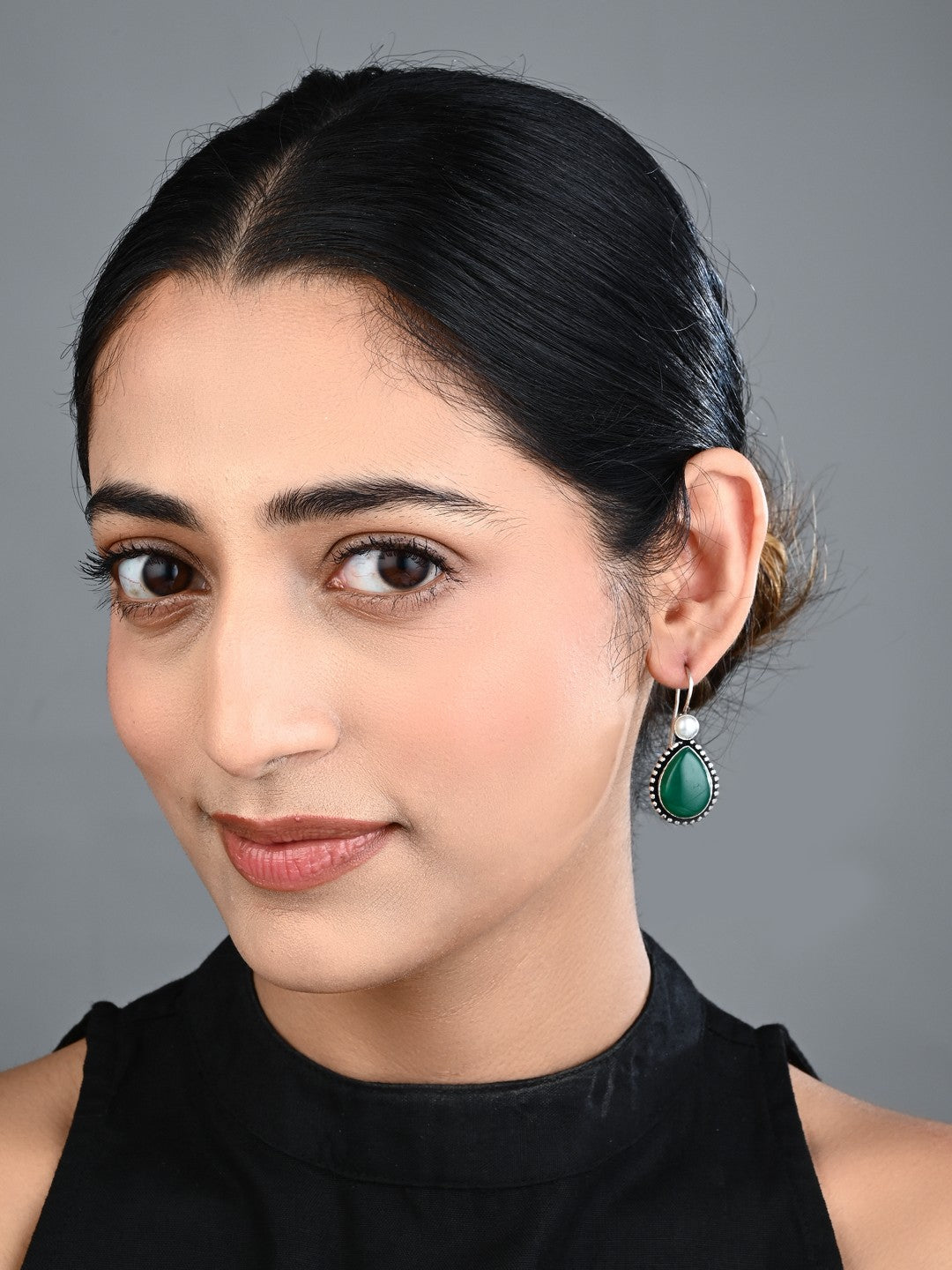 Silver Oxydised Green drop earring