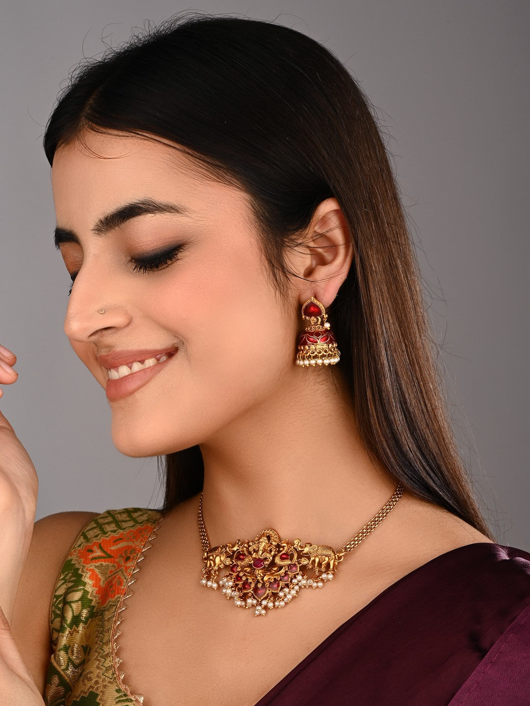 Traditional Temple Lord ganesha Necklace Set with Earrings