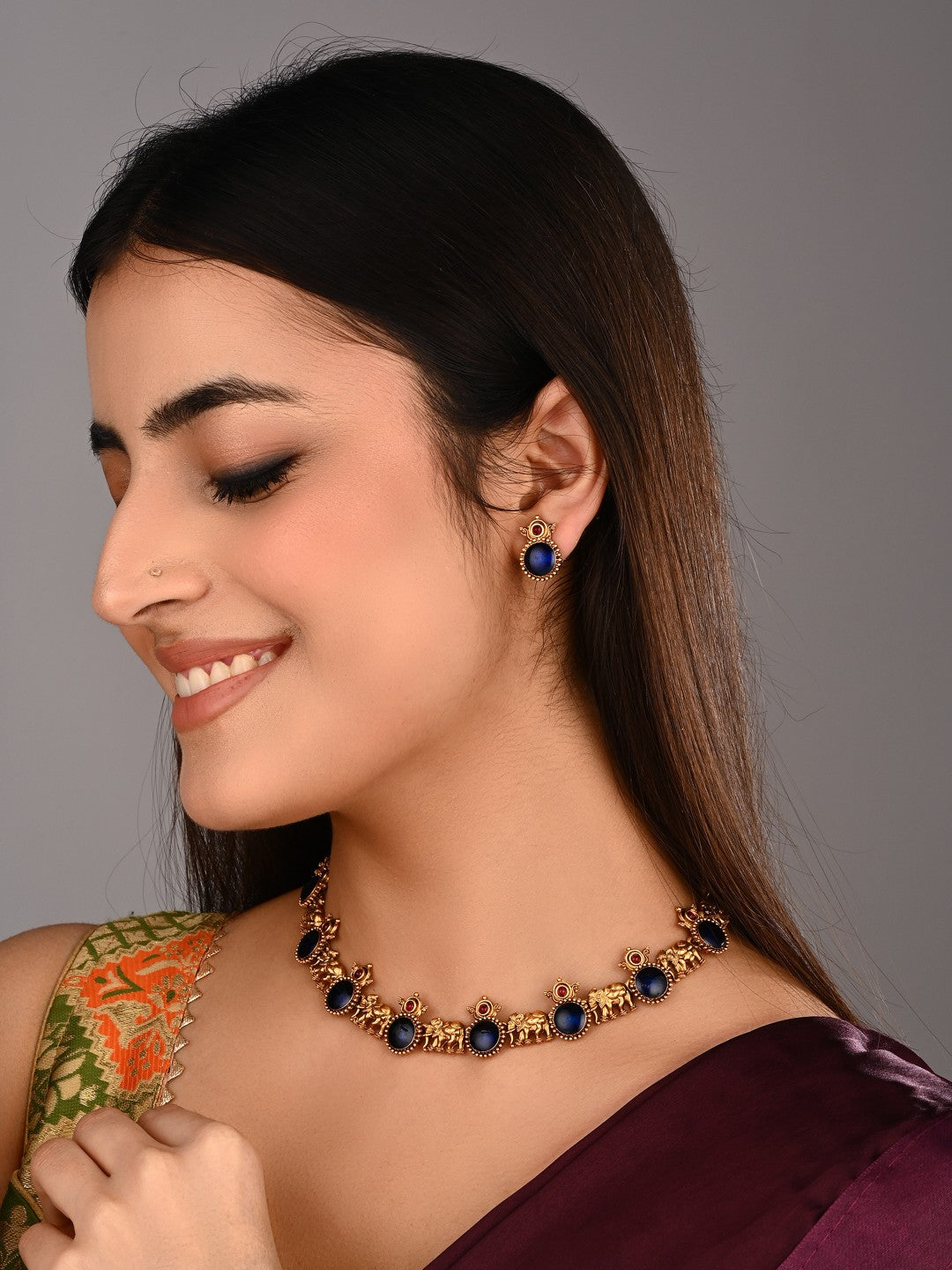 Gold plated Meenakari & Elephant Motif Necklace set - Blue