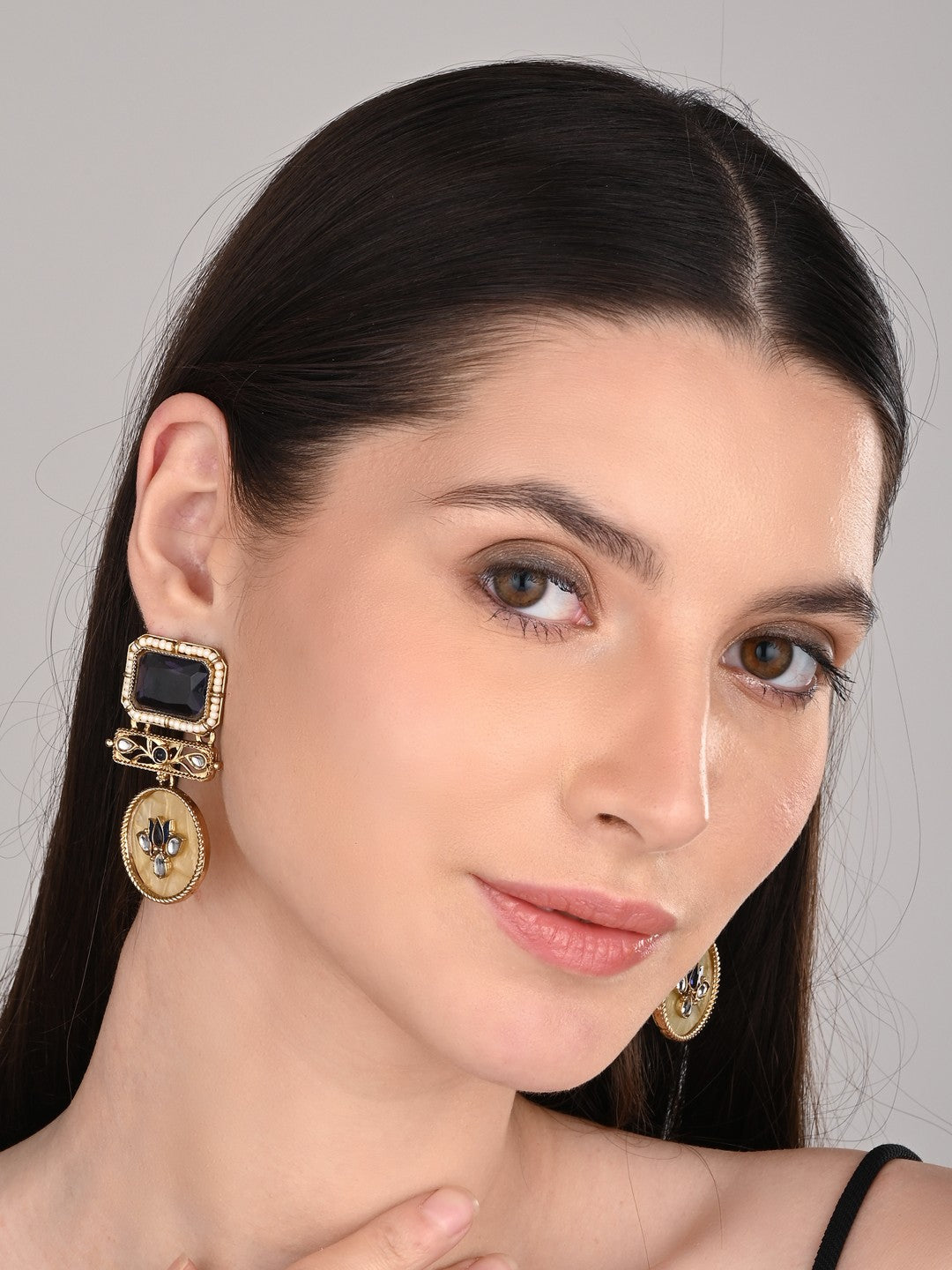 Gold-Plated Geometric Drop Earrings with MOP Filigree Blue