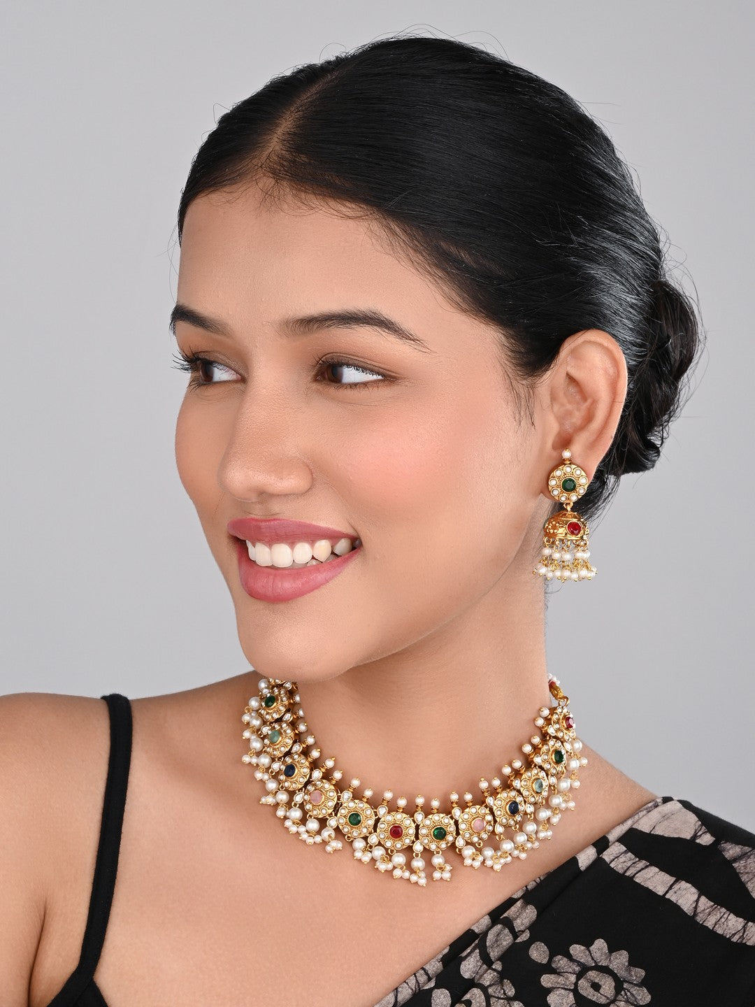 Gold-Plated Kemp Stone Necklace Set with Jhumka Earrings Multi