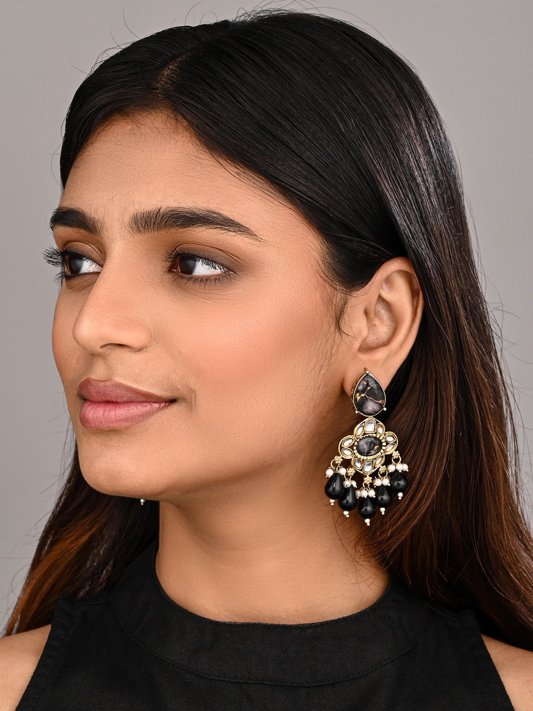 Gold-Plated Black Kundan Chandelier Earrings with Bead Drops