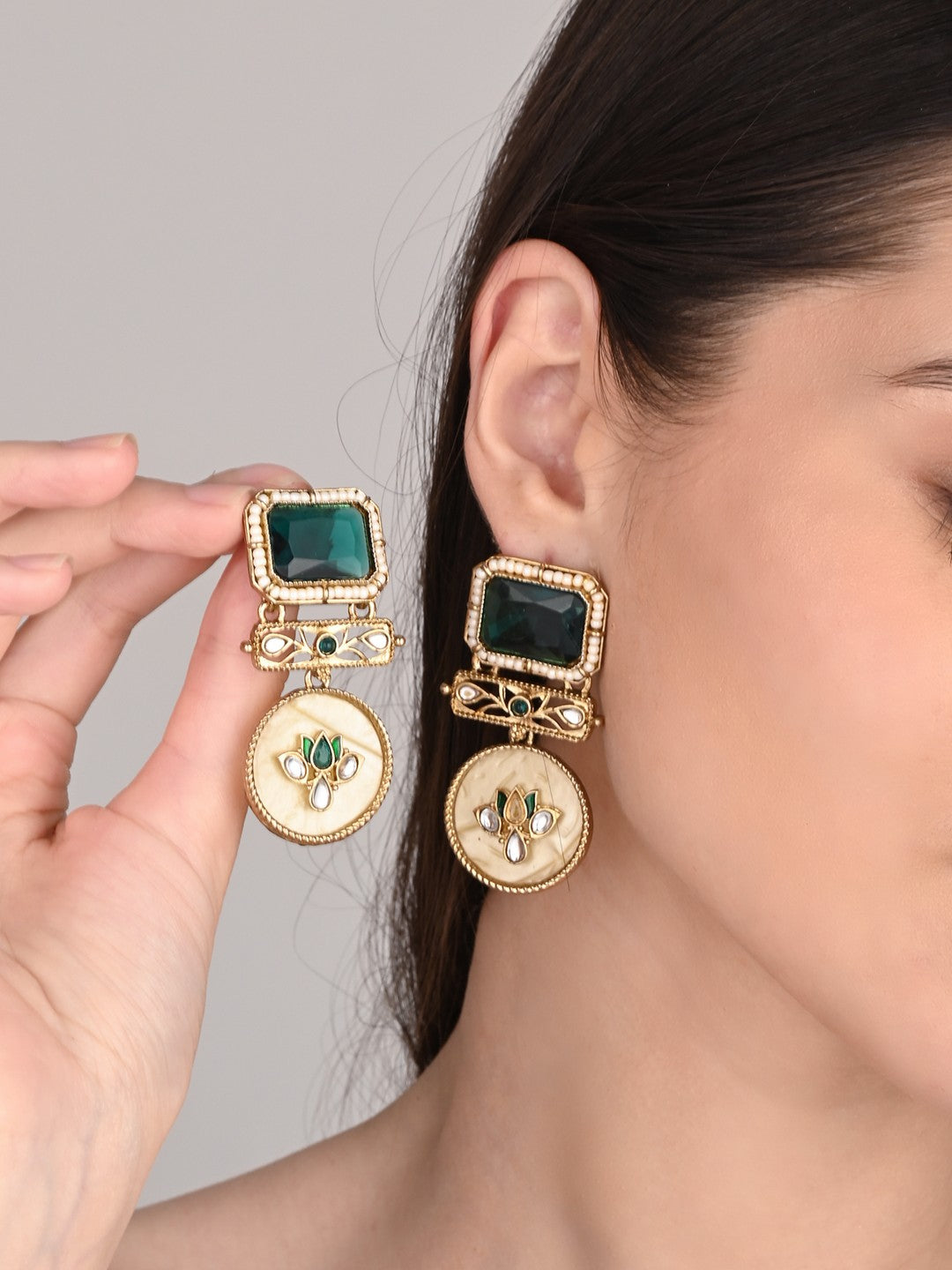 Gold-Plated Geometric Drop Earrings with MOP Filigree Green