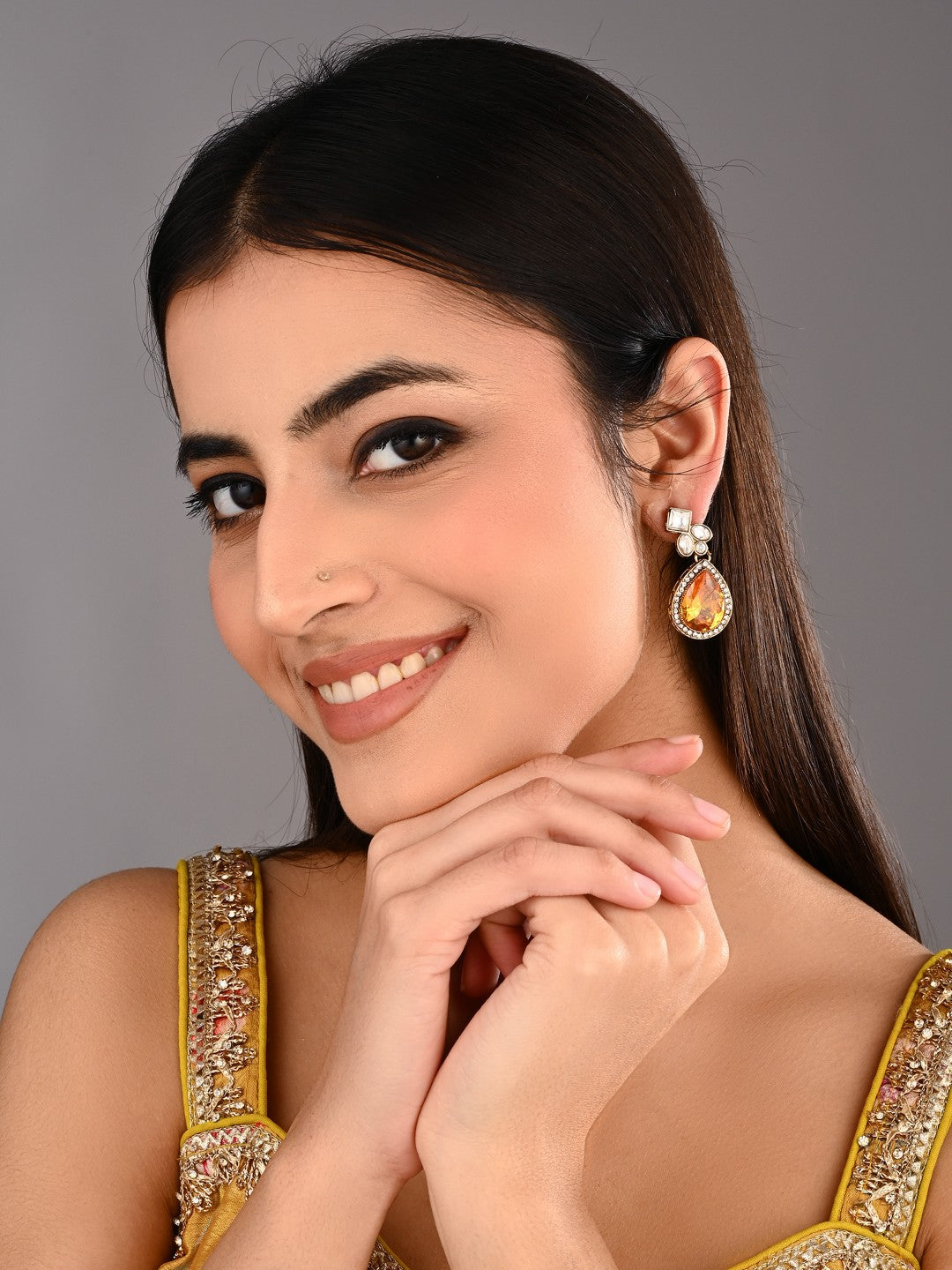 Gold-Toned Teardrop Kundan Crystal Drop Earrings for Women Yellow