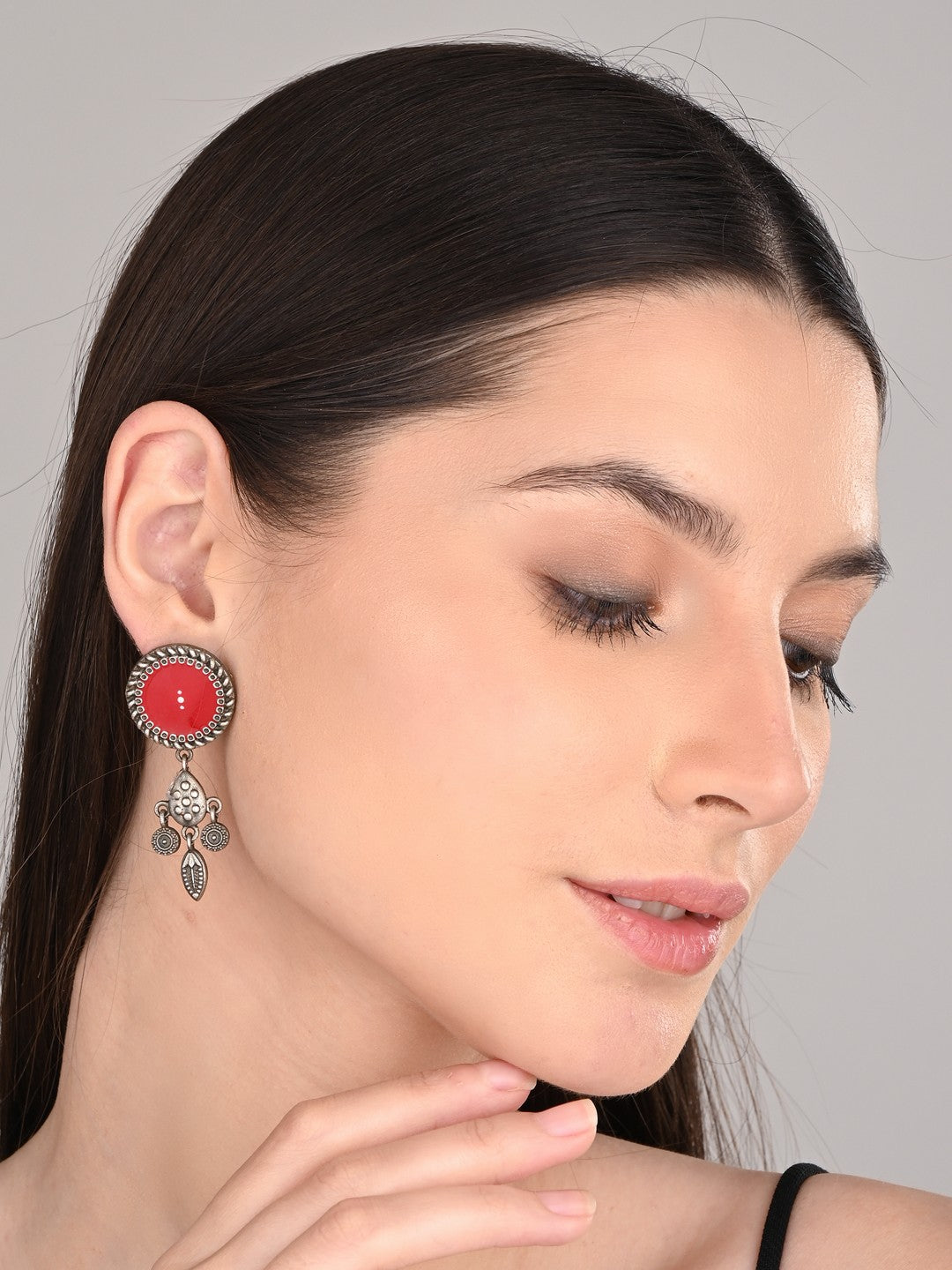 Hand-Painted Circular drop earrings Red