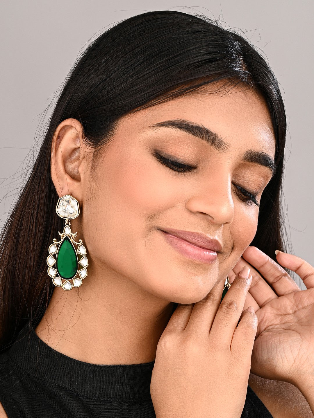 Gold-Plated Emerald Green Kundan Teardrop Earrings for Women