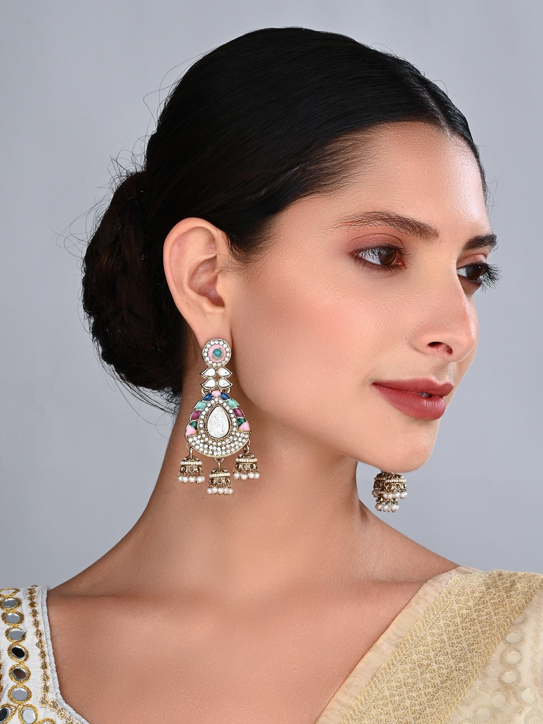 Kundan Chandbali Earrings with Jhumka Drops