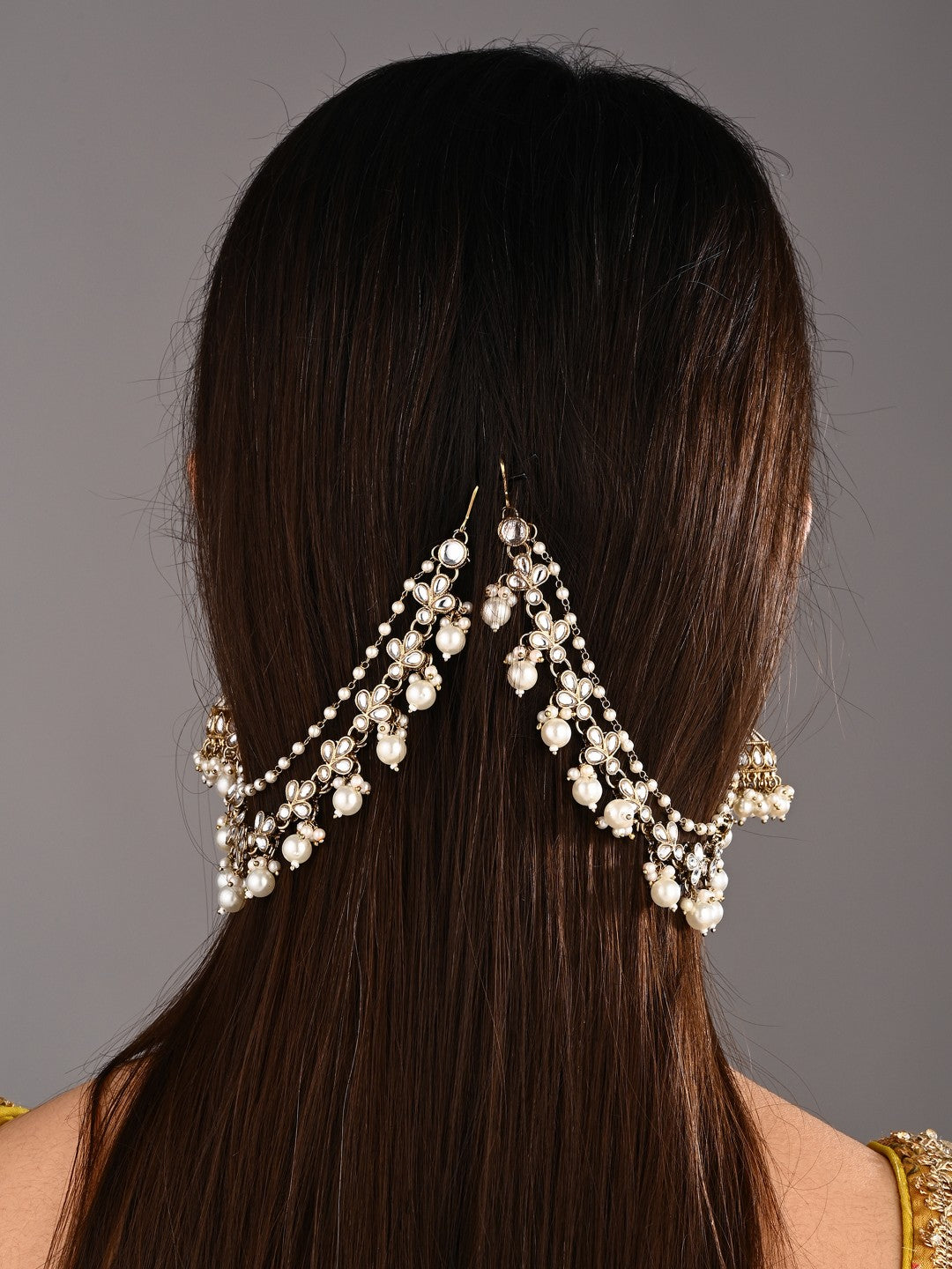 Kundan & Beads double layered ear chains with pearl cluster