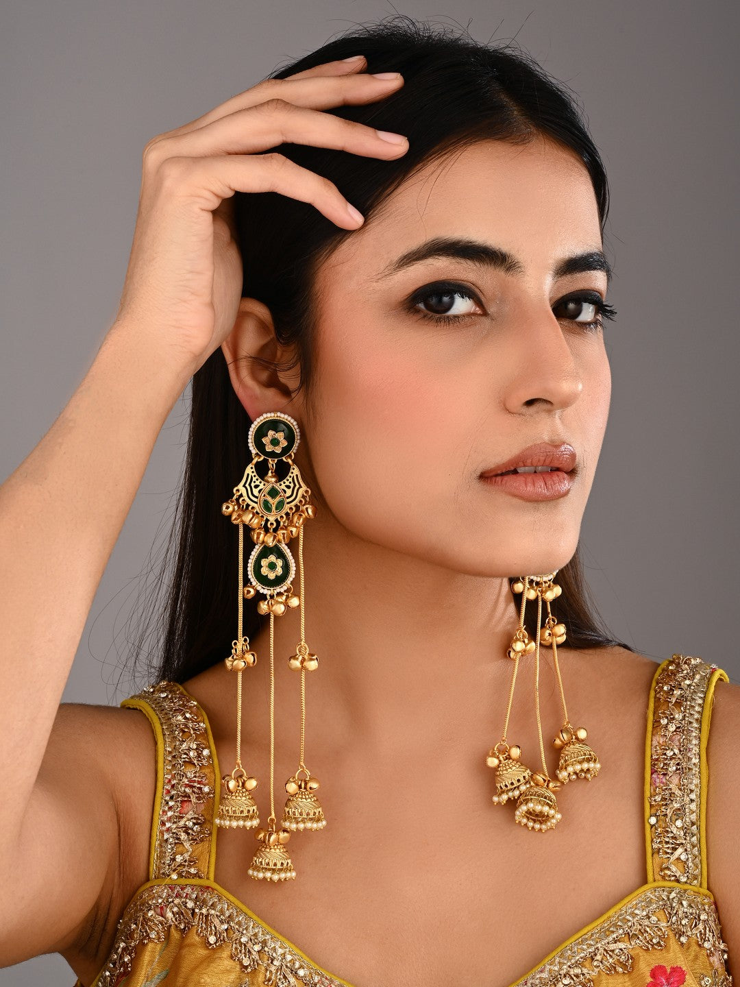 Green Long Kashmiri Earring with Jhumka Danglers