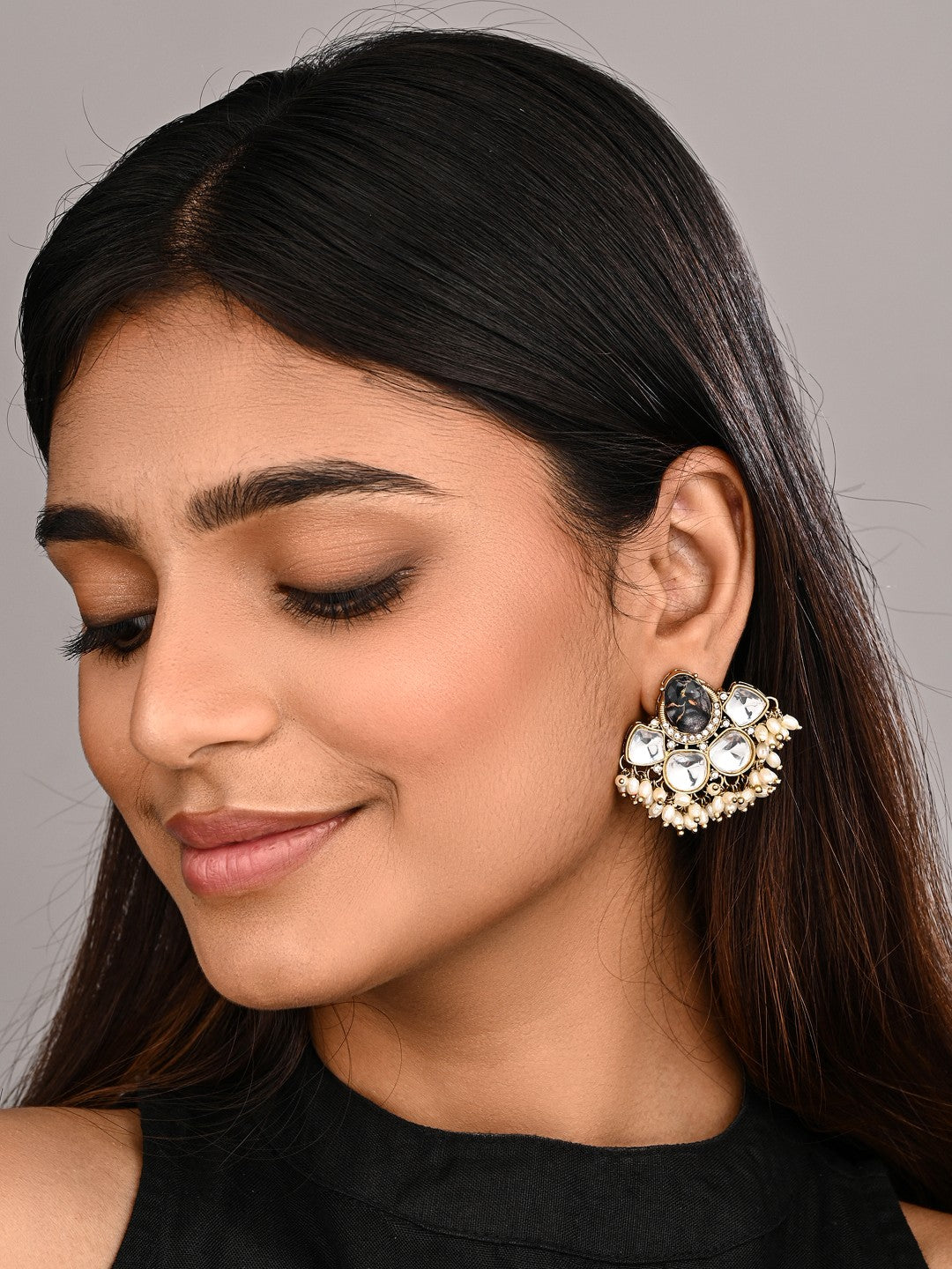 Gold-Plated Black Kundan Half Chandbali Earrings