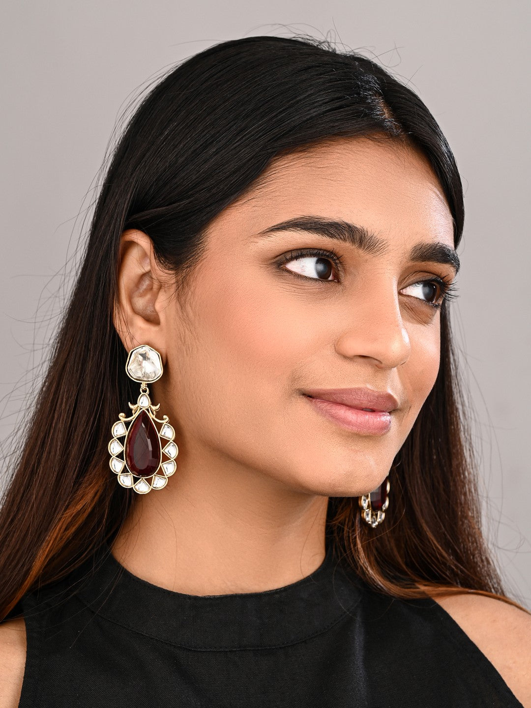Gold-Plated Red Kundan Teardrop Earrings for Women