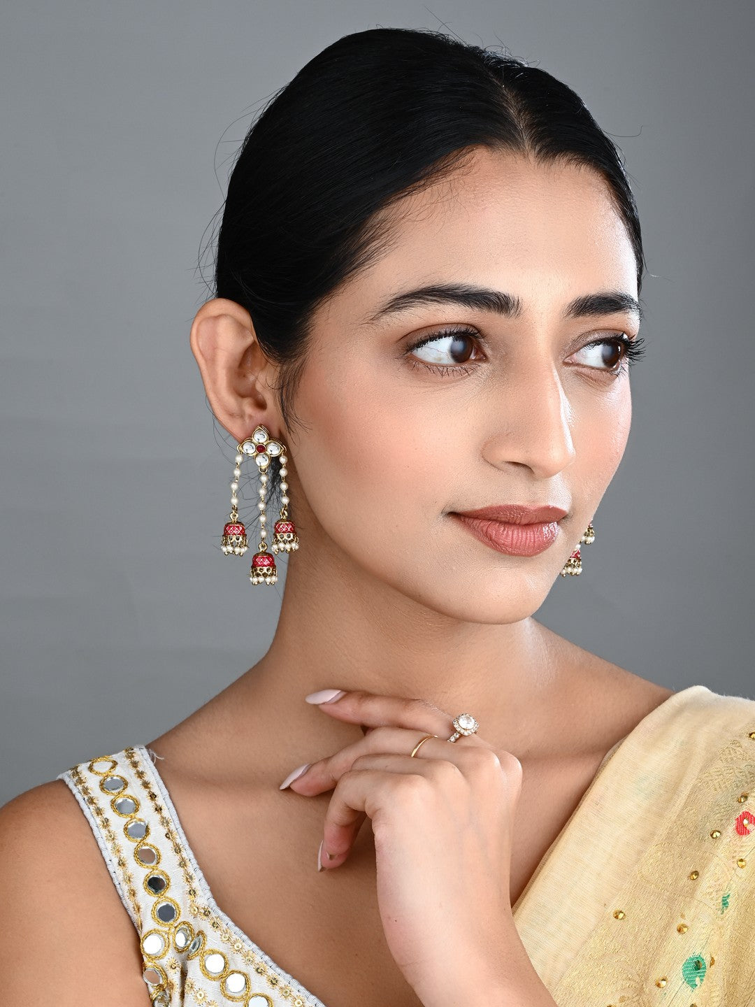 Kundan Pearl Tassel Statement Earrings - Red