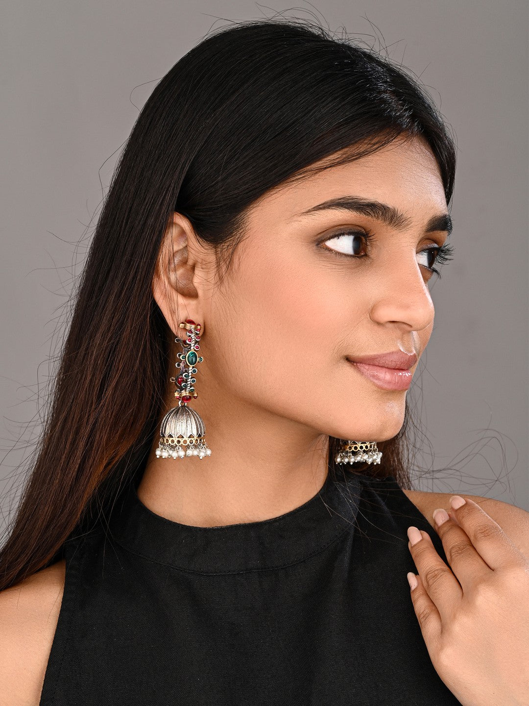 Silver-Tone Brass Stone-Studded Jhumka Earrings